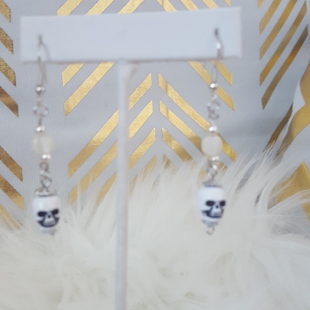 PTB black and white skull dangle earrings